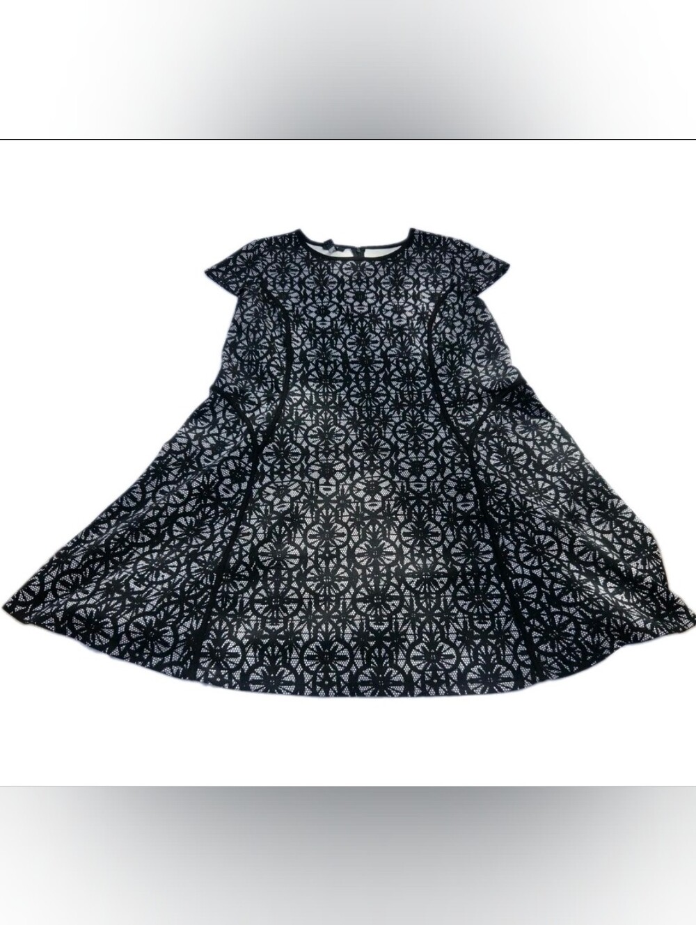Alfani Woman Dress 20W Plus Black Lace Look Print Cap Sleeve Fit Flare A-Line